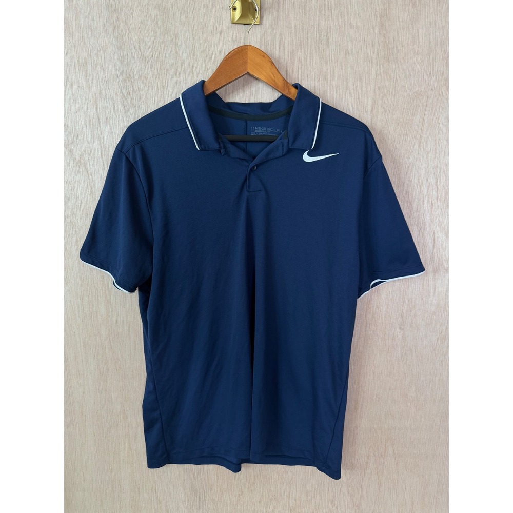 Nike Golf Standard Fit Dri-Fit Polo Shirt Large Navy Blue White Trim Swoosh